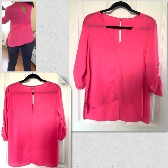 LUSH Chiffon Blouse pink Top keyhole high low barbiecore Shirt womens Small - Picture 1 of 8